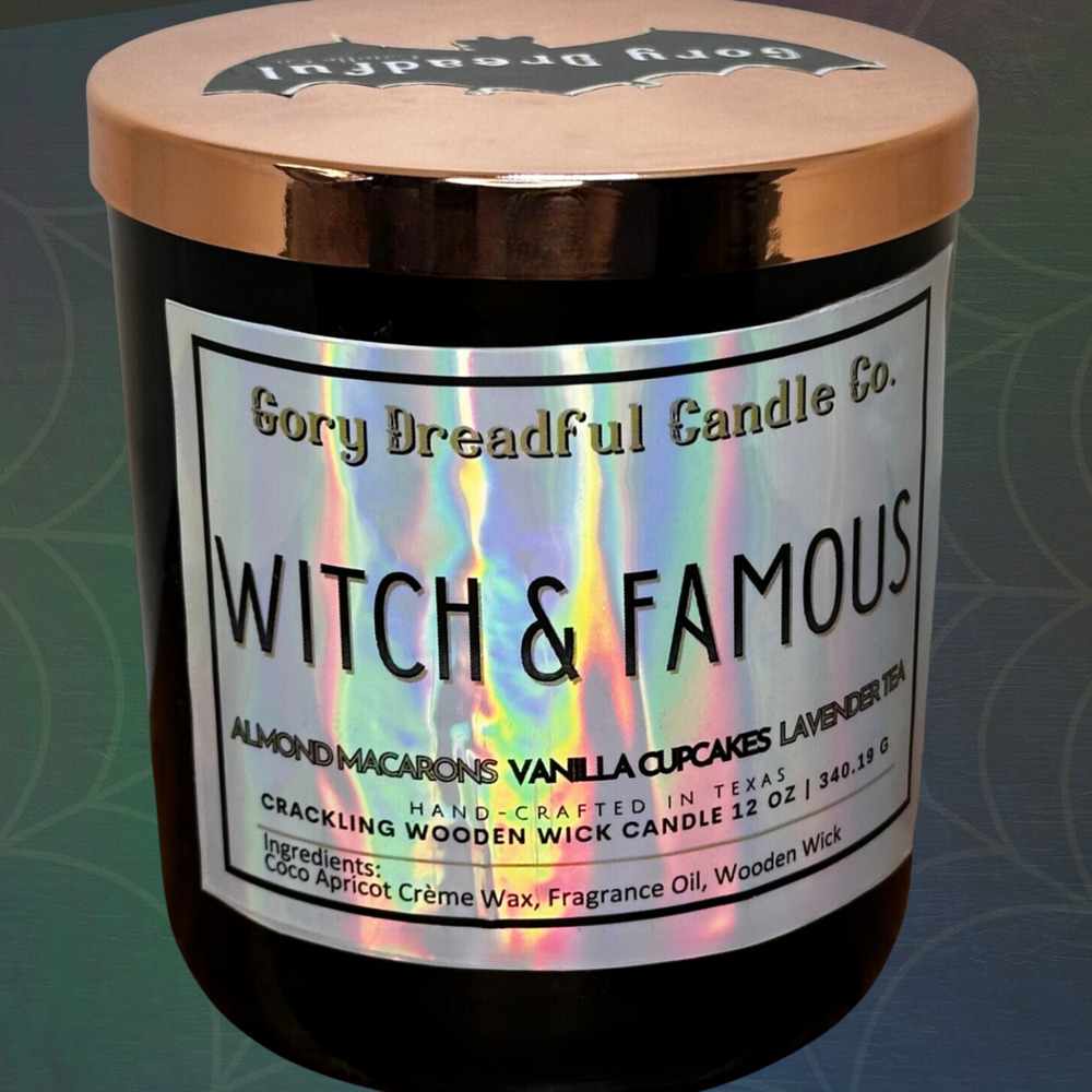 Witch & Famous Crackling Wood Wick Candle: Almond Macaron Vanilla Cake Lav. Tea